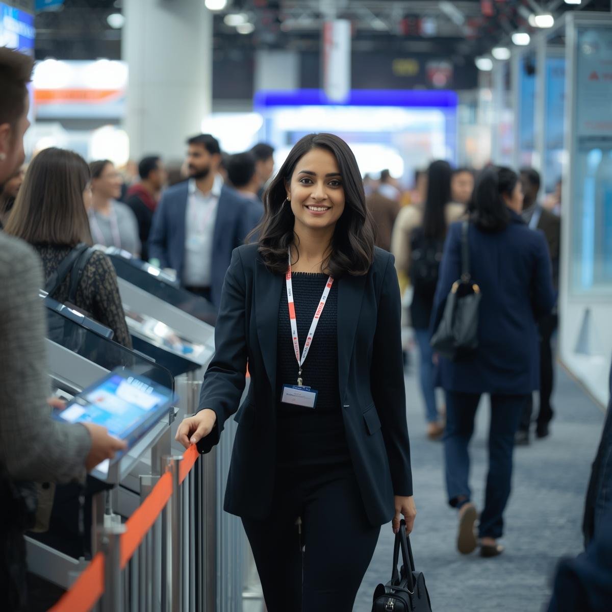 Visitor entering an exhibition through a scanned gate